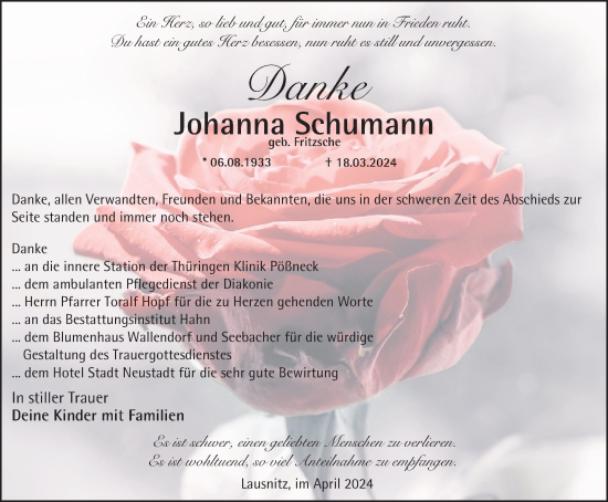 Traueranzeige von Johanna Schumann von Ostthüringer Zeitung