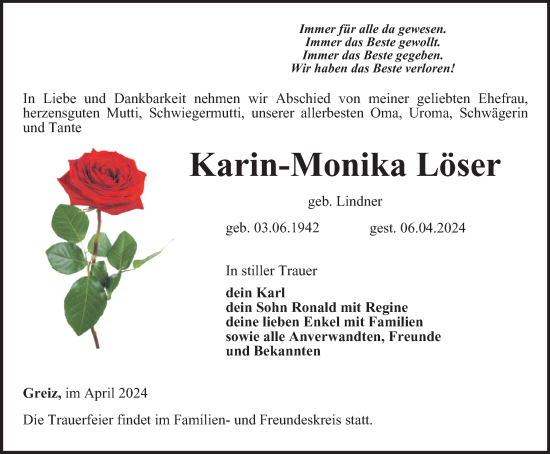 Traueranzeige von Karin-Monika Löser von Ostthüringer Zeitung