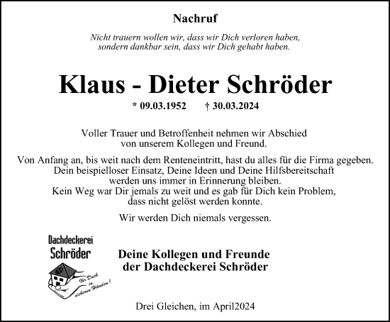 Traueranzeige von Klaus-Dieter Schröder von Thüringer Allgemeine, Thüringische Landeszeitung