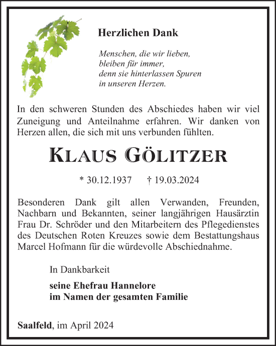 Traueranzeige von Klaus Gölitzer von Ostthüringer Zeitung