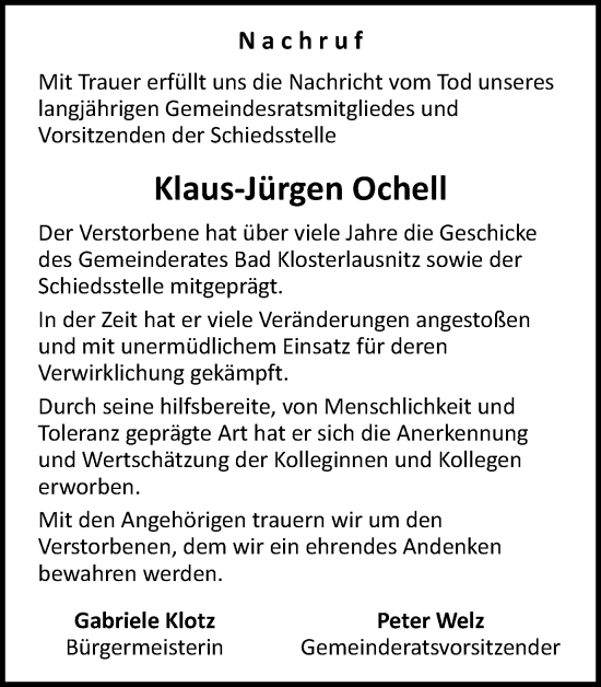 Traueranzeige von Klaus-Jürgen Ochell von Ostthüringer Zeitung