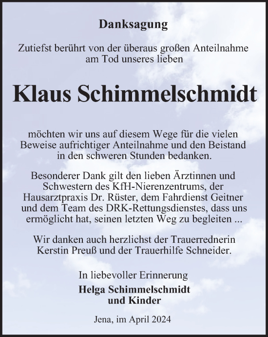 Traueranzeige von Klaus Schimmelschmidt von Ostthüringer Zeitung, Thüringische Landeszeitung