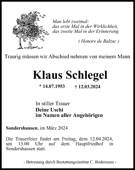 Traueranzeige von Klaus Schlegel von Thüringer Allgemeine
