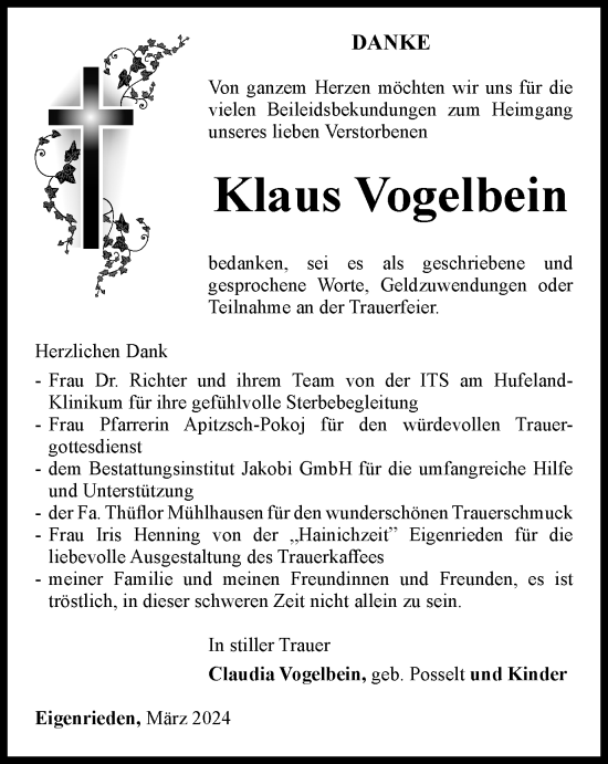 Traueranzeige von Klaus Vogelbein von Thüringer Allgemeine, Thüringische Landeszeitung