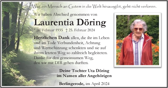 Traueranzeige von Laurentia Döring von Thüringer Allgemeine