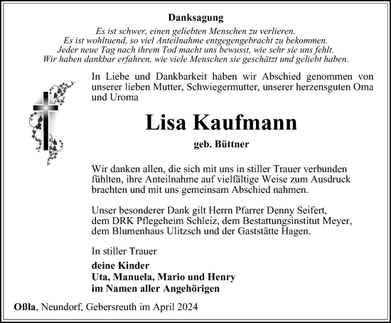 Traueranzeige von Lisa Kaufmann von Ostthüringer Zeitung