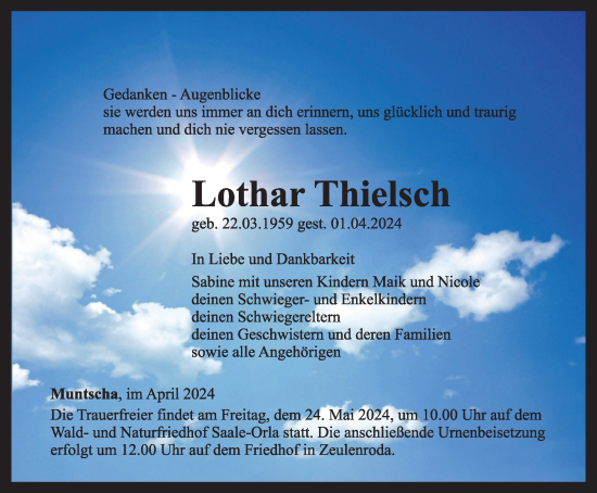 Traueranzeige von Lothar Thielsch von Ostthüringer Zeitung