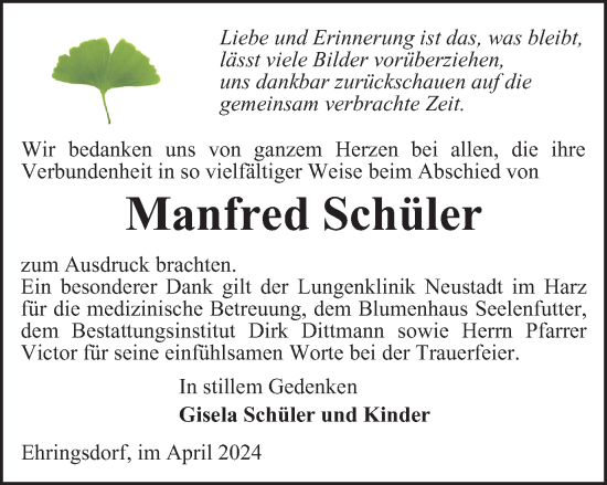 Traueranzeige von Manfred Schüler von Thüringer Allgemeine, Thüringische Landeszeitung