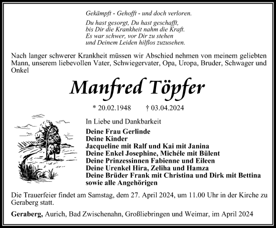 Traueranzeige von Manfred Töpfer von Thüringer Allgemeine