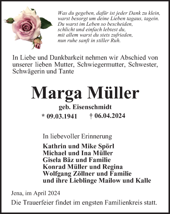 Traueranzeige von Marga Müller von Ostthüringer Zeitung, Thüringische Landeszeitung