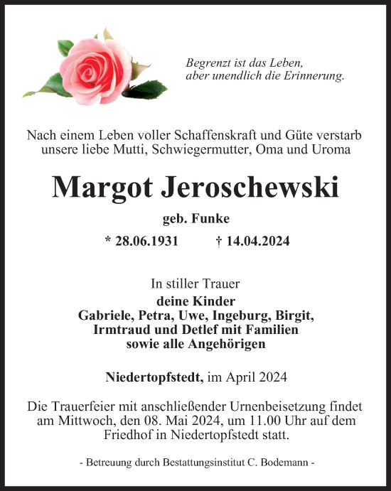 Traueranzeige von Margot Jeroschewski von Thüringer Allgemeine