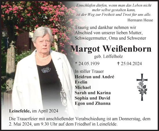 Traueranzeige von Margot Weißenborn von Thüringer Allgemeine