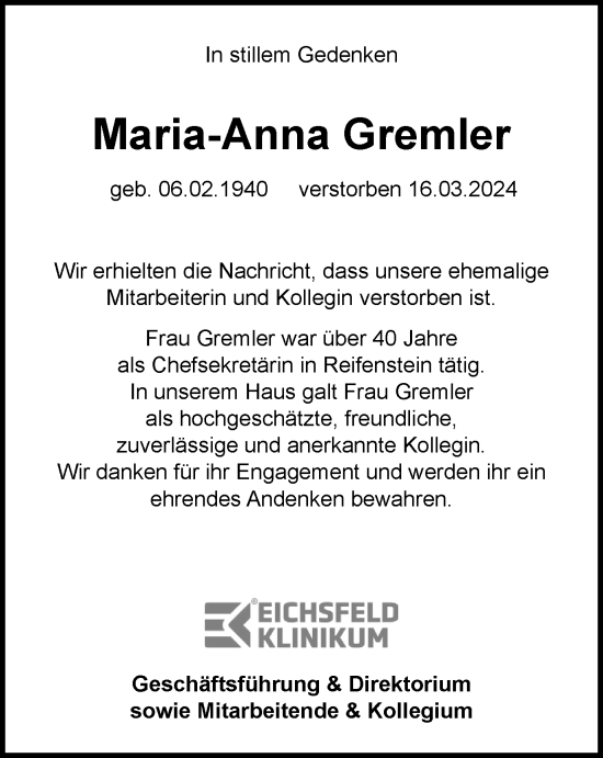 Traueranzeige von Maria-Anna Gremler von Thüringer Allgemeine