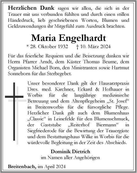 Traueranzeige von Maria Engelhardt von Thüringer Allgemeine