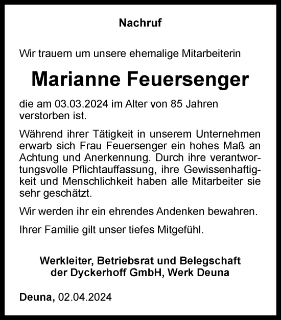 Traueranzeige von Marianne Feuersenger von Thüringer Allgemeine