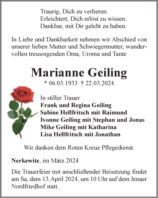 Traueranzeige von Marianne Geiling von Ostthüringer Zeitung, Thüringische Landeszeitung