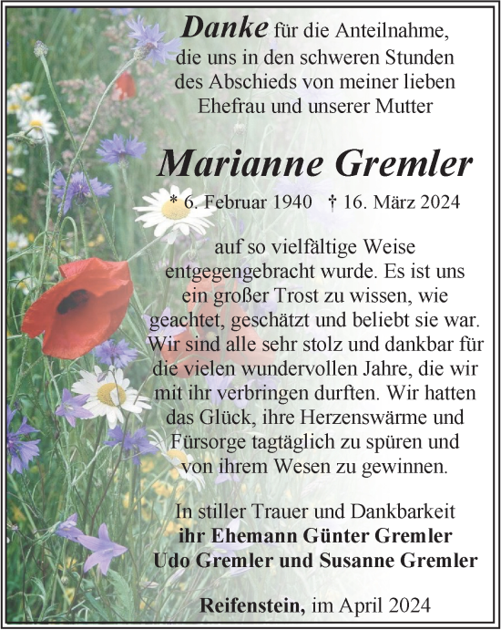 Traueranzeige von Marianne Gremler von Thüringer Allgemeine