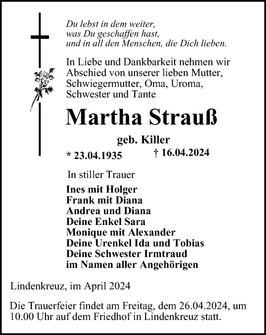 Traueranzeige von Martha Strauß von Ostthüringer Zeitung