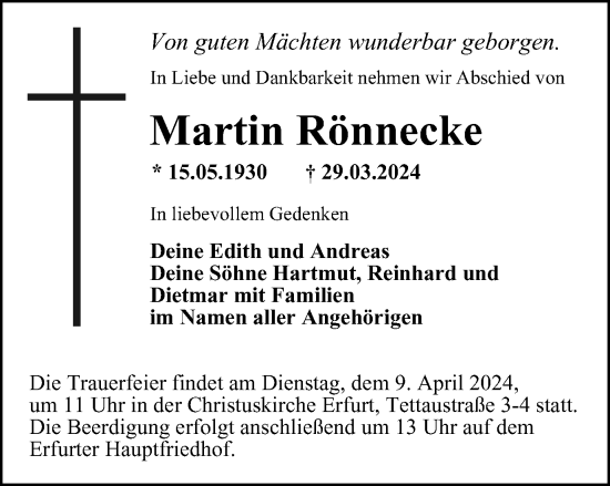 Traueranzeige von Martin Rönnecke von Thüringer Allgemeine, Thüringische Landeszeitung