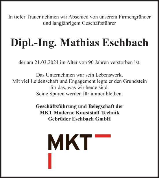 Traueranzeige von Mathias Eschbach von Thüringer Allgemeine, Thüringische Landeszeitung