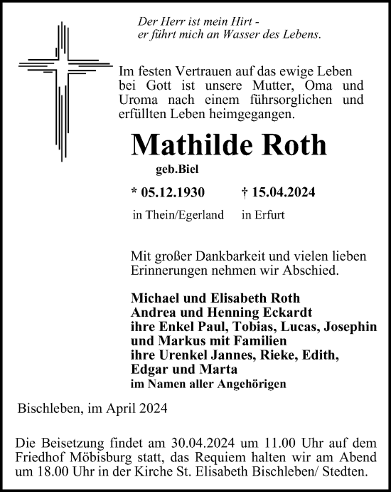 Traueranzeige von Mathilde Roth von Thüringer Allgemeine, Thüringische Landeszeitung
