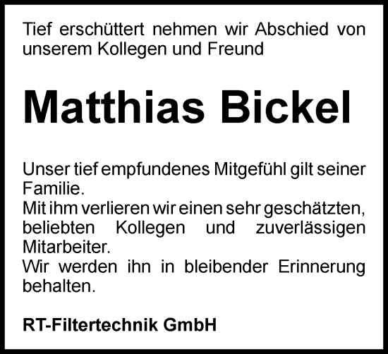 Traueranzeige von Matthias Bickel von Thüringer Allgemeine, Thüringische Landeszeitung