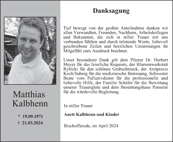 Traueranzeige von Matthias Kalbhenn von Thüringer Allgemeine