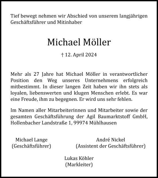 Traueranzeige von Michael Möller von Thüringer Allgemeine, Thüringische Landeszeitung