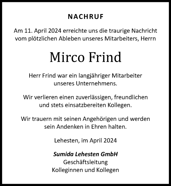 Traueranzeige von Mirco Frind von Ostthüringer Zeitung