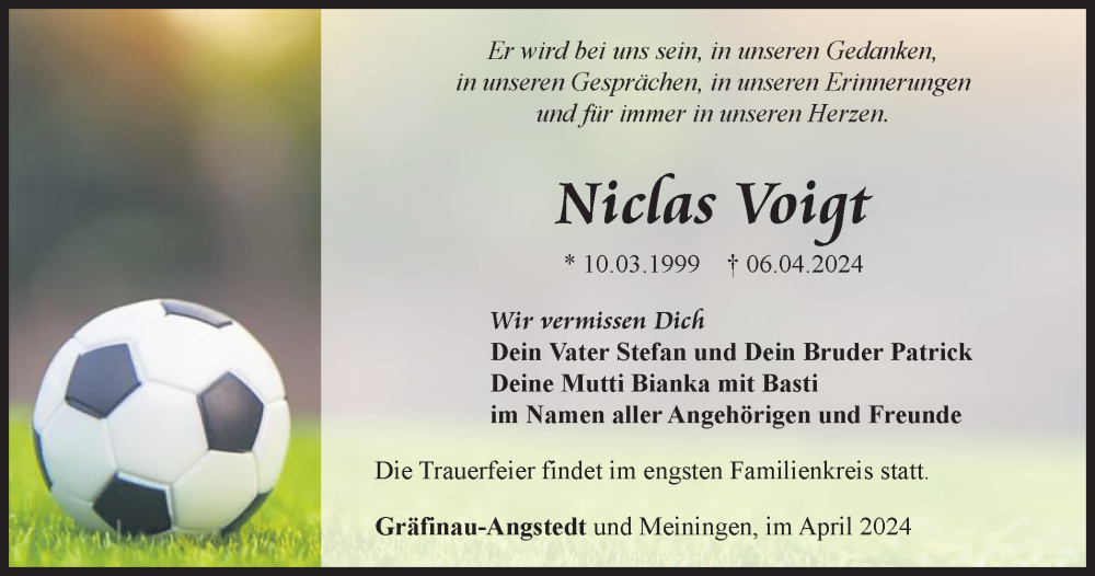  Traueranzeige für Niclas Voigt vom 20.04.2024 aus Thüringer Allgemeine