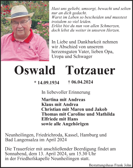 Traueranzeige von Oswald Totzauer von Thüringer Allgemeine, Thüringische Landeszeitung