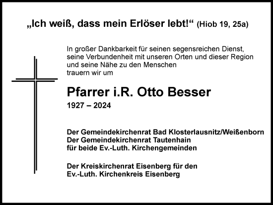 Traueranzeige von Otto Besser von Ostthüringer Zeitung