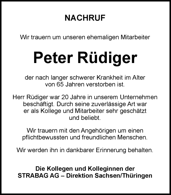 Traueranzeige von Peter Rüdiger von Ostthüringer Zeitung