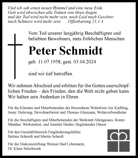 Traueranzeige von Peter Schmidt von Ostthüringer Zeitung