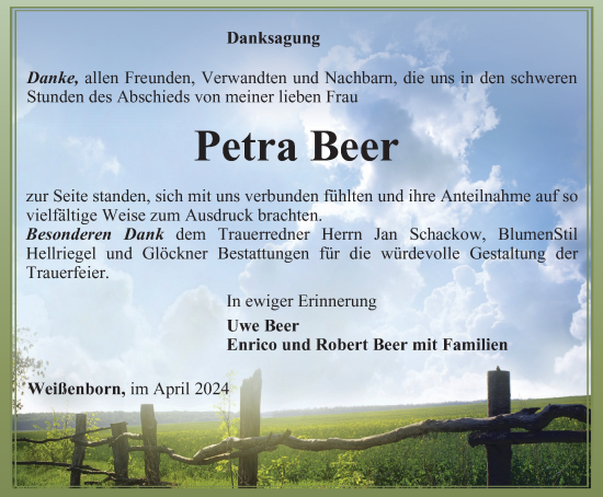 Traueranzeige von Petra Beer von Ostthüringer Zeitung