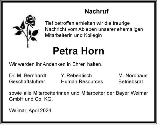 Traueranzeige von Petra Horn von Thüringer Allgemeine, Thüringische Landeszeitung