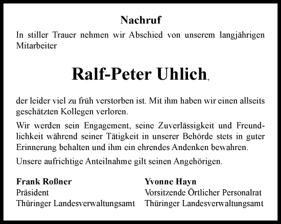 Traueranzeige von Ralf-Peter Uhlich von Thüringer Allgemeine, Thüringische Landeszeitung