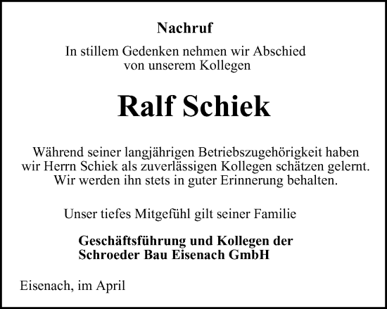 Traueranzeige von Ralf Schiek von Thüringer Allgemeine, Thüringische Landeszeitung