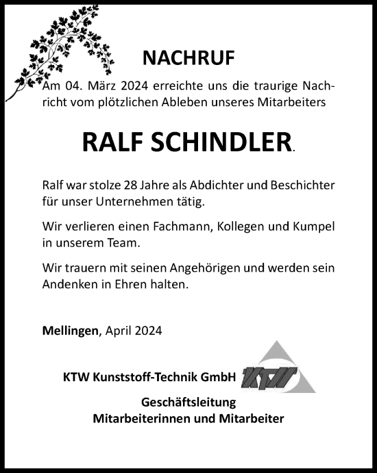 Traueranzeige von Ralf Schindler von Thüringer Allgemeine, Thüringische Landeszeitung
