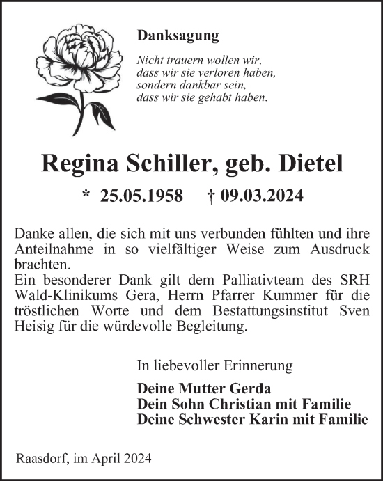 Traueranzeige von Regina Schiller von Ostthüringer Zeitung