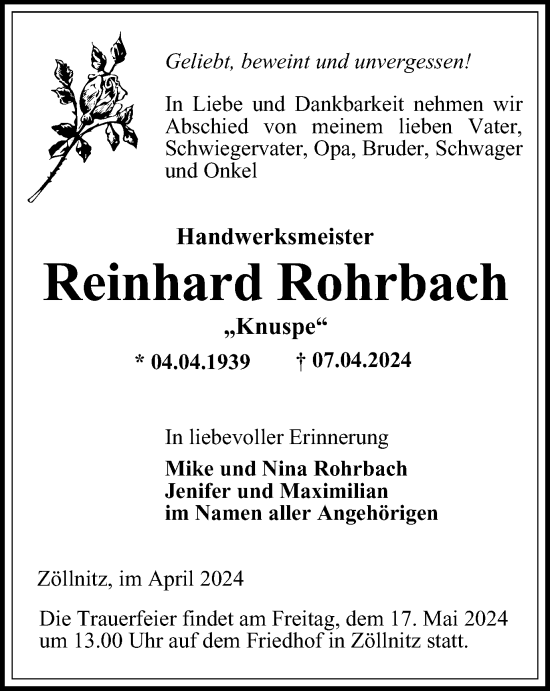 Traueranzeige von Reinhard Rohrbach von Ostthüringer Zeitung, Thüringische Landeszeitung