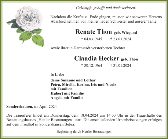 Traueranzeige von Renate und Claudia Thon und Hecker von Thüringer Allgemeine