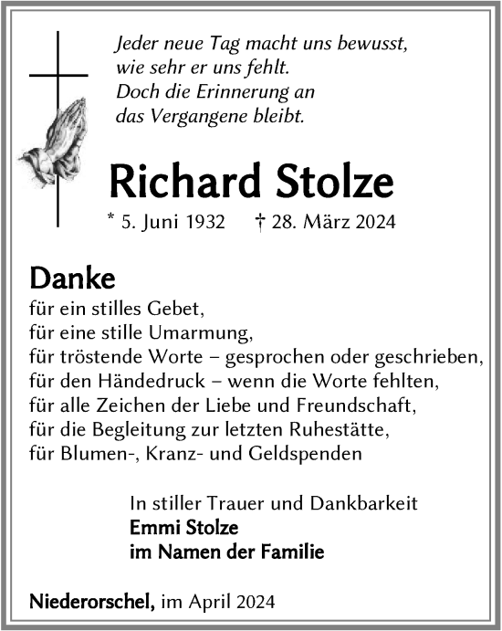 Traueranzeige von Richard Stolze von Thüringer Allgemeine