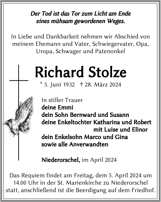 Traueranzeige von Richard Stolze von Thüringer Allgemeine