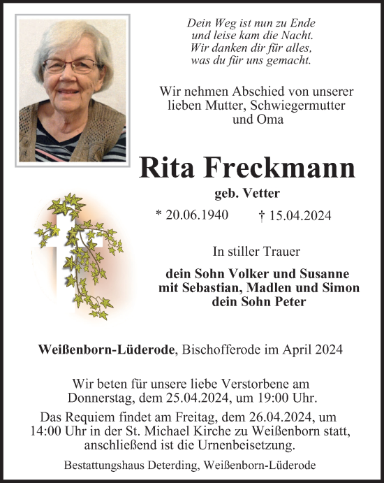 Traueranzeige von Rita Freckmann von Thüringer Allgemeine