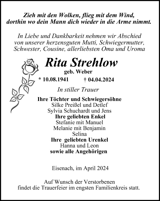 Traueranzeige von Rita Strehlow von Thüringer Allgemeine, Thüringische Landeszeitung