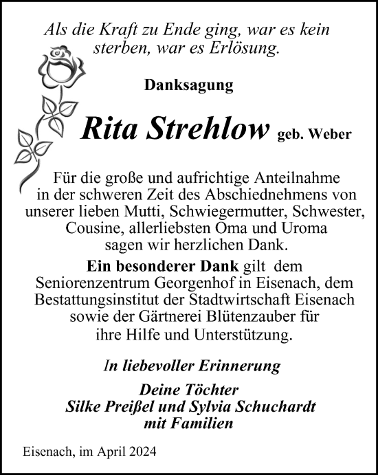 Traueranzeige von Rita Strehlow von Thüringer Allgemeine, Thüringische Landeszeitung