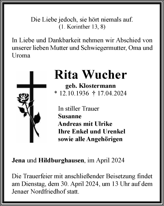 Traueranzeige von Rita Wucher von Ostthüringer Zeitung, Thüringische Landeszeitung