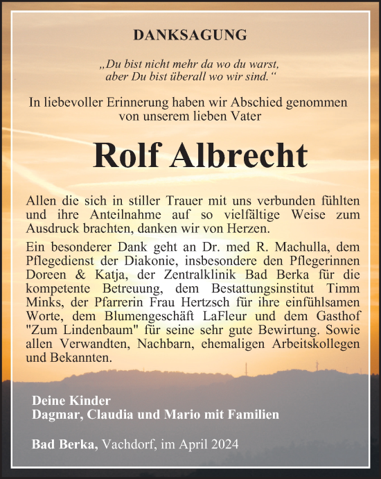 Traueranzeige von Rolf Albrecht von Thüringer Allgemeine, Thüringische Landeszeitung