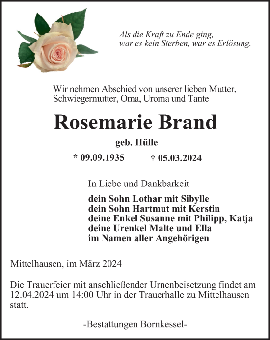 Traueranzeige von Rosemarie Brand von Thüringer Allgemeine, Thüringische Landeszeitung